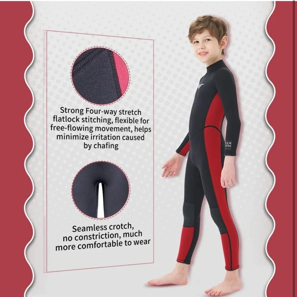 NWOT SeaSkin Youth Full Wetsuit Sz 12 – Black/Red – Surf, Swim, Dive, Kayak